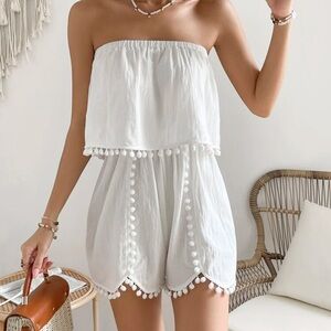 White Vacay Pom Pom Romper XS